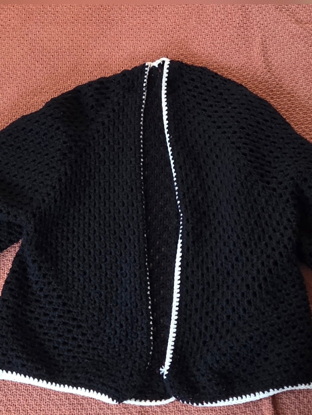 Crochet Cardigan Black White Trim Boho Cozy Open Knit